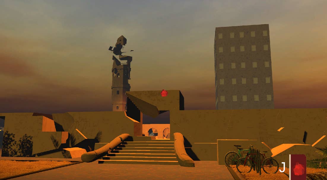 A desolate yellow-brown urban area with a staircase leading up to a wall below a tower block and an abstract shattered structure, from the game Pomegranates.